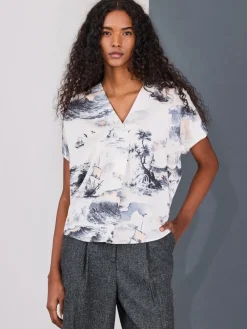 Next Short Sleeve V-Neck Blouse Abstract Boat Print Clearance