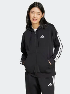 adidas Black Essentials 3-Stripes Full Zip Fleece Hoodie Clearance