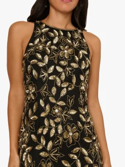 Adrianna Papell Black Halter Bead Godet Dress Outlet