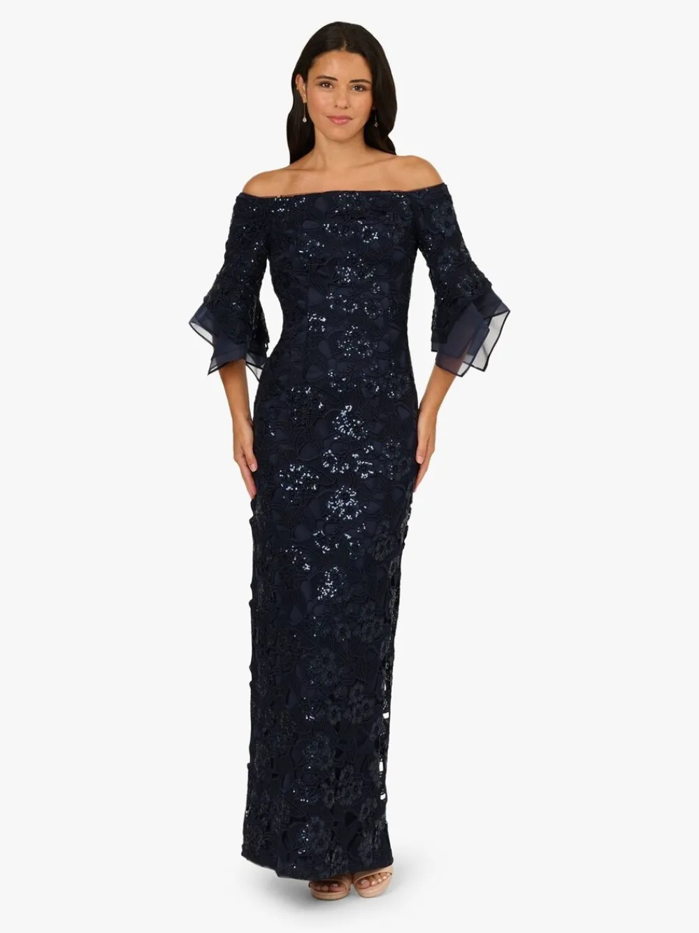 Adrianna Papell Blue Sequin Lace Combo Column Gown Discount