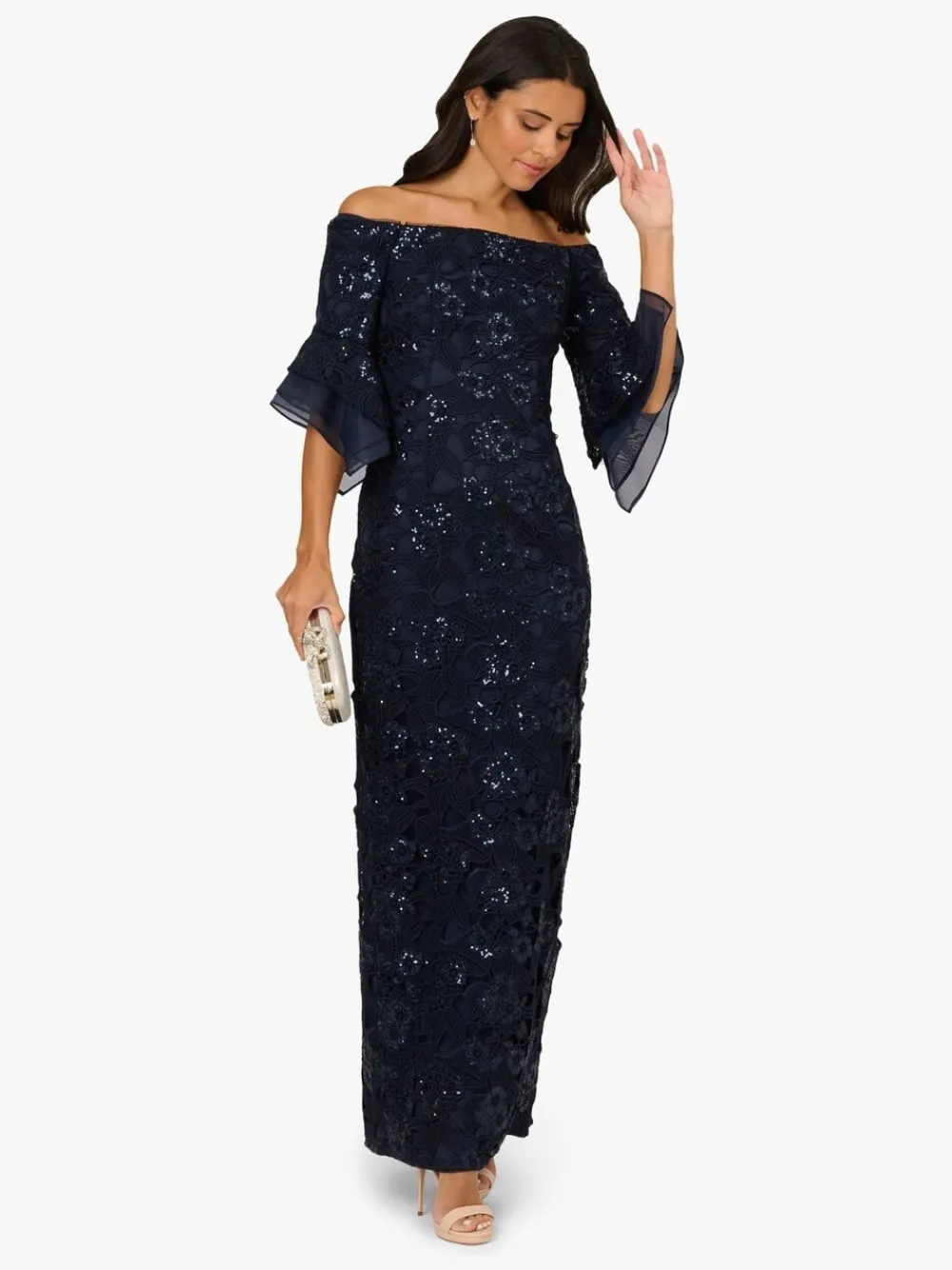 Adrianna Papell Blue Sequin Lace Combo Column Gown Discount