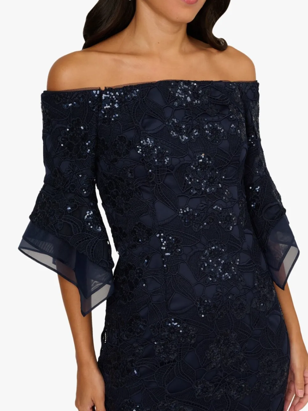 Adrianna Papell Blue Sequin Lace Combo Column Gown Discount