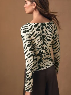 Next Shirred Long Sleeve Slash Neck Top Animal Print