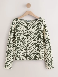 Next Shirred Long Sleeve Slash Neck Top Animal Print