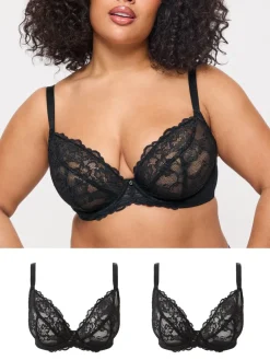 Ann Summers DD+ Non Pad Plunge Sexy Lace Underwired Bras 2 Pack Black