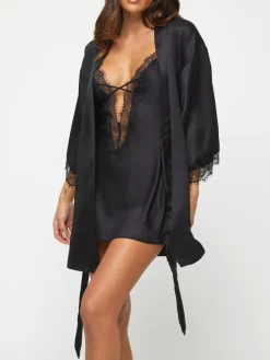 Ann Summers Satin Cherryann Robe Dressing Gown Black Hot