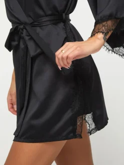 Ann Summers Satin Cherryann Robe Dressing Gown Black Hot