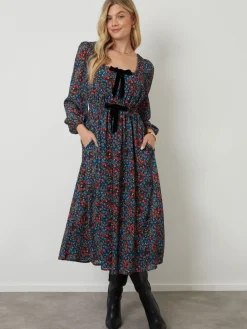 Another Sunday Bow Detail Milkmaid Midi Dress Black Outlet