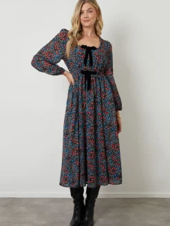 Another Sunday Bow Detail Milkmaid Midi Dress Black Outlet