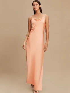 Next Apricot Satin Cowl Neck Wedding Guest Bridesmaid Maxi Dress Hot