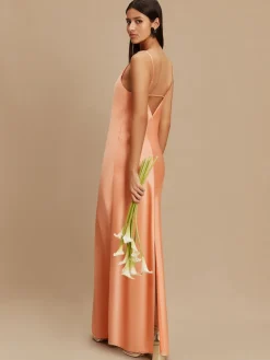 Next Apricot Satin Cowl Neck Wedding Guest Bridesmaid Maxi Dress Hot