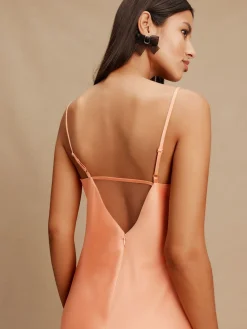 Next Apricot Satin Cowl Neck Wedding Guest Bridesmaid Maxi Dress Hot