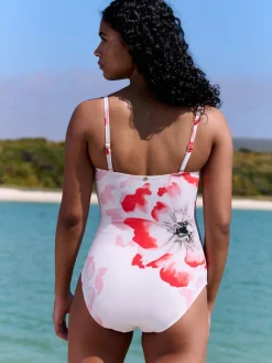 B by Ted Baker Beaded Tummy Control Bandeau White Floral Swimsuit Outlet