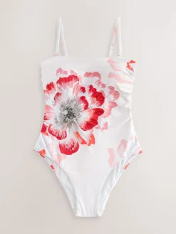 B by Ted Baker Beaded Tummy Control Bandeau White Floral Swimsuit Outlet