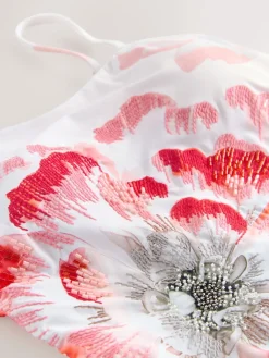 B by Ted Baker Beaded Tummy Control Bandeau White Floral Swimsuit Outlet