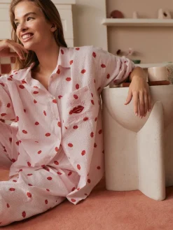 Bath & Body Works Pink/Red All Over Lips Button Through Cotton Pyjamas Set Outlet