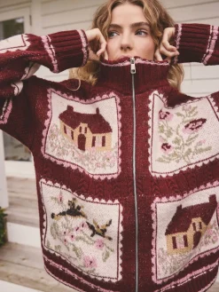 Next Berry Pink House Knit Cottage Cardigan Outlet