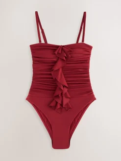 Next Tummy Control Frill Bandeau Swimsuit Berry Wine