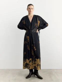 BHOEM Satin Floral Print Kimono Midi Black Dress Hot