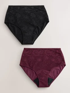Next Black / Berry Full Brief All Over Lace Medium Flow Period Knickers 2 Pack Clearance
