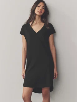 Next 100% Cotton Cap Sleeve V-Neck Mini Dress Black