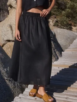 Next Black 100% Linen Midi Skirt Outlet