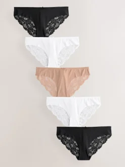 Next Brazilian No VPL Lace Back Briefs 5 Pack Black / White / Praline Nude Outlet