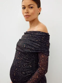 Next Maternity Mesh Bardot Dress Black Animal Print Best