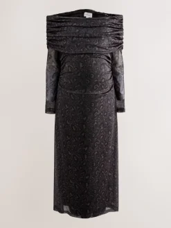 Next Maternity Mesh Bardot Dress Black Animal Print Best