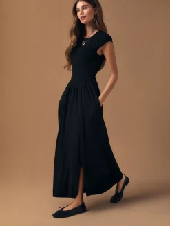 Next Cap Sleeve Shirred Body Jersey Midi Dress Black Best