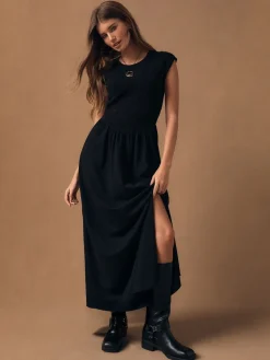Next Cap Sleeve Shirred Body Jersey Midi Dress Black Best