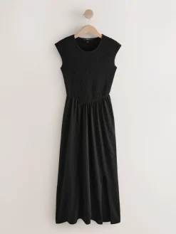 Next Cap Sleeve Shirred Body Jersey Midi Dress Black Best