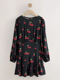 Next Black Cherry Print Mini Long Sleeve A-Line Seam Detail Dress New