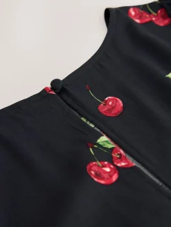 Next Black Cherry Print Mini Long Sleeve A-Line Seam Detail Dress New