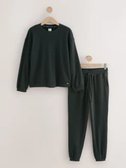 Next Black Cosy Waffle Long Sleeve Pyjamas