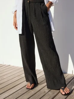 Next Black Crinkle Textured Wide Leg Trousers With Linen New