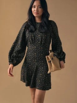 Next Black Croissant Print Mini Long Sleeve A-Line Seam Detail Dress Hot