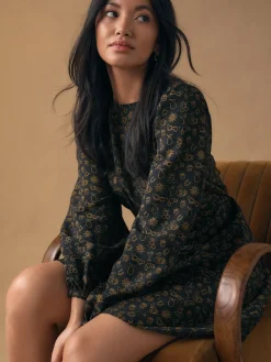 Next Black Croissant Print Mini Long Sleeve A-Line Seam Detail Dress Hot