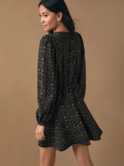 Next Black Croissant Print Mini Long Sleeve A-Line Seam Detail Dress Hot