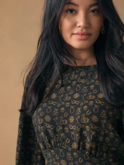 Next Black Croissant Print Mini Long Sleeve A-Line Seam Detail Dress Hot