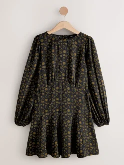 Next Black Croissant Print Mini Long Sleeve A-Line Seam Detail Dress Hot