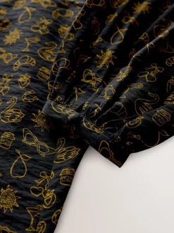 Next Black Croissant Print Mini Long Sleeve A-Line Seam Detail Dress Hot