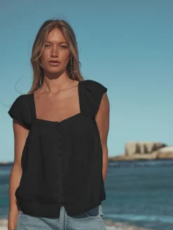 Next Flutter Sleeve Button Front Top With Linen Black Best