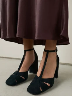 Next Black Forever Comfort® Leather T-Bar Cutout Closed Toe Block Heels Clearance