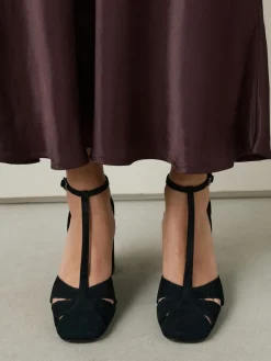 Next Black Forever Comfort® Leather T-Bar Cutout Closed Toe Block Heels Clearance