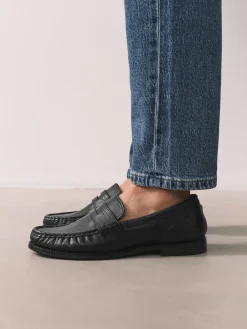 Next Black Forever Comfort® Leather Ruched Saddle Loafers Sale