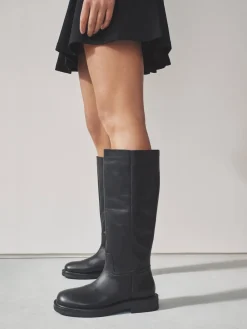 Next Forever Comfort® Leather Round Toe Chunky Knee High Boots Black Outlet