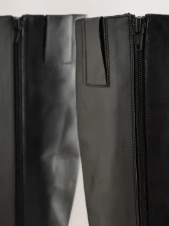 Next Forever Comfort® Leather Round Toe Chunky Knee High Boots Black Outlet