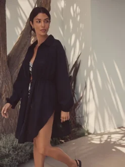 Next Black Gathered Waist Kaftan Cover-Up With Linen Online