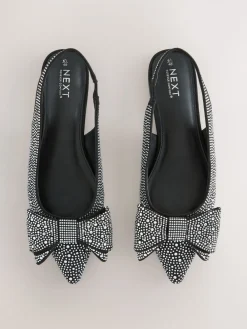 Next Black Heatseal Forever Comfort® Point Toe Bow Slingback Flat Shoes New